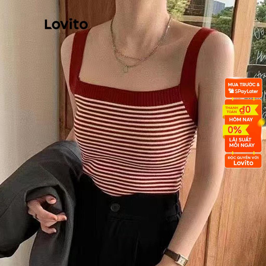 Lovito Áo dệt kim colorblock kẻ sọc thông thường cho nữ LNA17014 (Trắng/Đỏ)