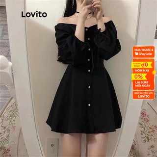 Đầm Lovito chiết eo tay ngắn nút trước màu trơn cơ bản cho nữ LNA03064 (màu đen)