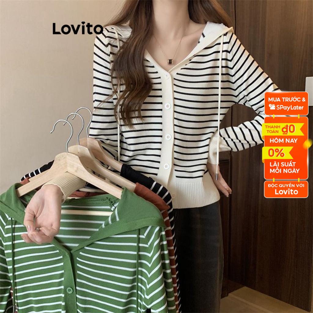 Áo cardigan Lovito khóa kéo kẻ sọc thường ngày cho nữ LNE17173 (màu trắng ngà/ đen)