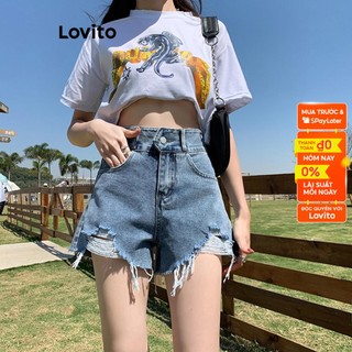 Quần short Lovito denim rách màu trơn thường ngày cho nữ LNE16248