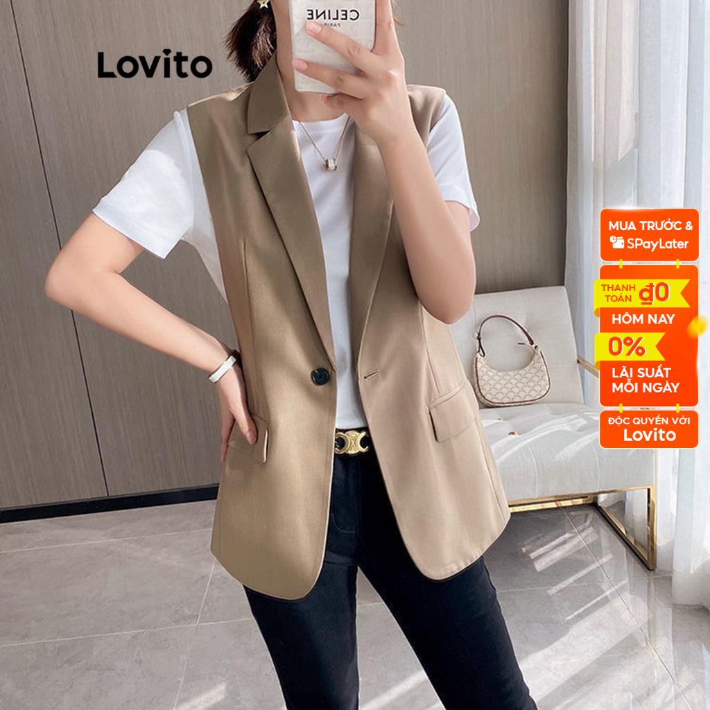 Áo khoác blazer Lovito không tay có cổ phối túi cài nút màu trơn thường ngày cho nữ LNE09053 (Kaki)