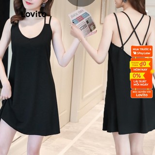 Đầm ngủ Lovito trơn cổ tròn sát nách dáng chữ A cắt xẻ phong cách thường ngày cho nữ LNA12006