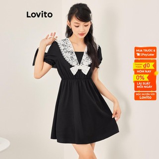 Đầm mini Lovito dáng chữ A tay ngắn màu trơn ghép nối màu sắc phong cách thường ngày cho nữ LNE07134 (đen)