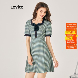 Đầm lovito cổ vuông màu khối thắt nơ kẻ sọc phong cách cơ bản cho nữ lne02029