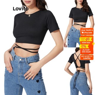 Áo thun Lovito cổ tròn buộc dây màu đen L09086
