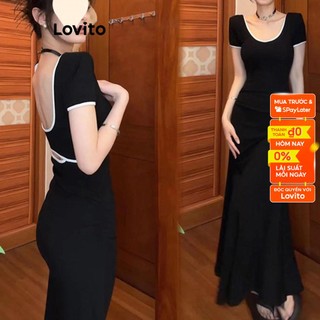 Đầm Lovito cổ vuông phối viền tương phản màu trơn thường ngày cho nữ LNE17117 (màu đen)