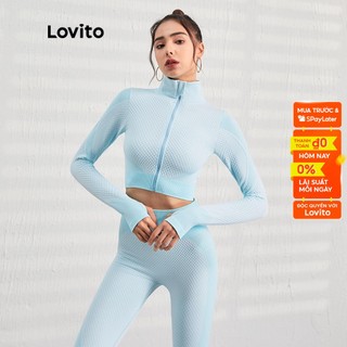 Áo khoác thể thao Lovito L07025 cổ đứng phối dây kéo màu xanh dương nhạt