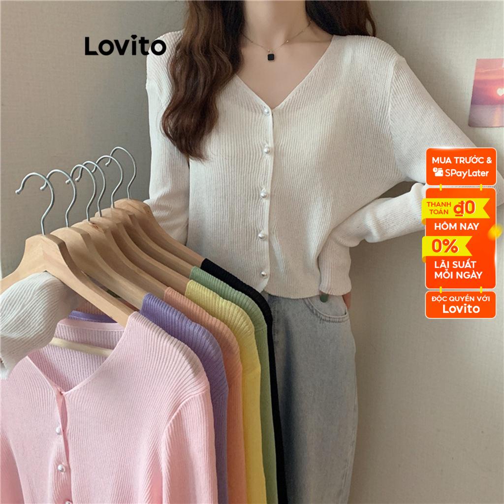 Áo cardigan Lovito cổ chữ V có nút màu trơn thường ngày cho nữ LNE17171 (màu trắng/ tím)