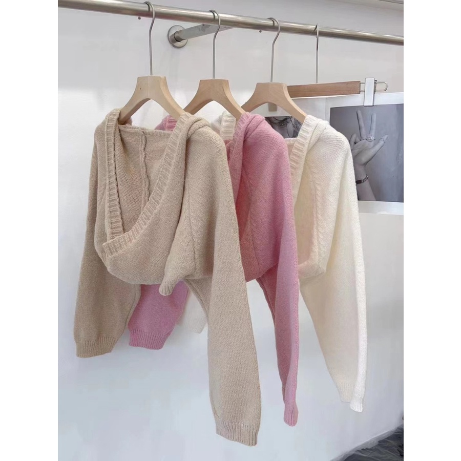 Korean fashion solid color short temperament all-match hooded long-sleeved knitwear early Autumn Sweater shawl Cape Women's fashionable MC suit RHO3