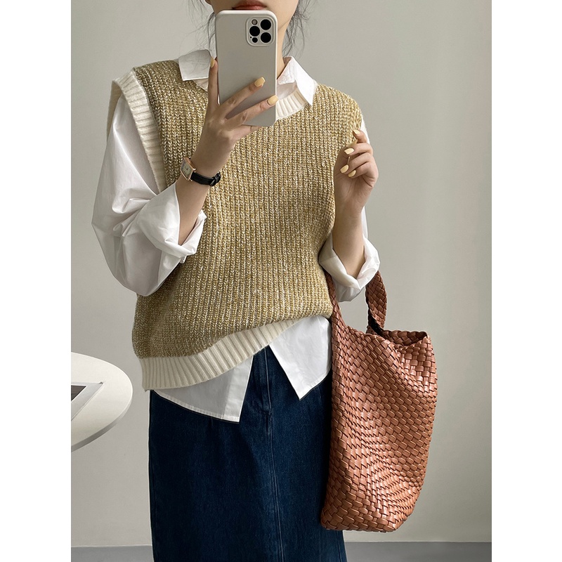 New Korean style loose contrast color round neck pullover sweater vest women's fashionable Waistcoat Vest MC women's clothing ASKT