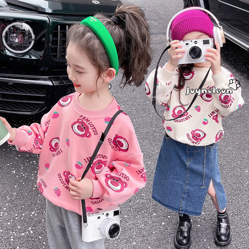 Áo sweater JOYNCLEON tay dài in hình gấu dâu tây dễ thương thời trang xuân thu cho bé gái