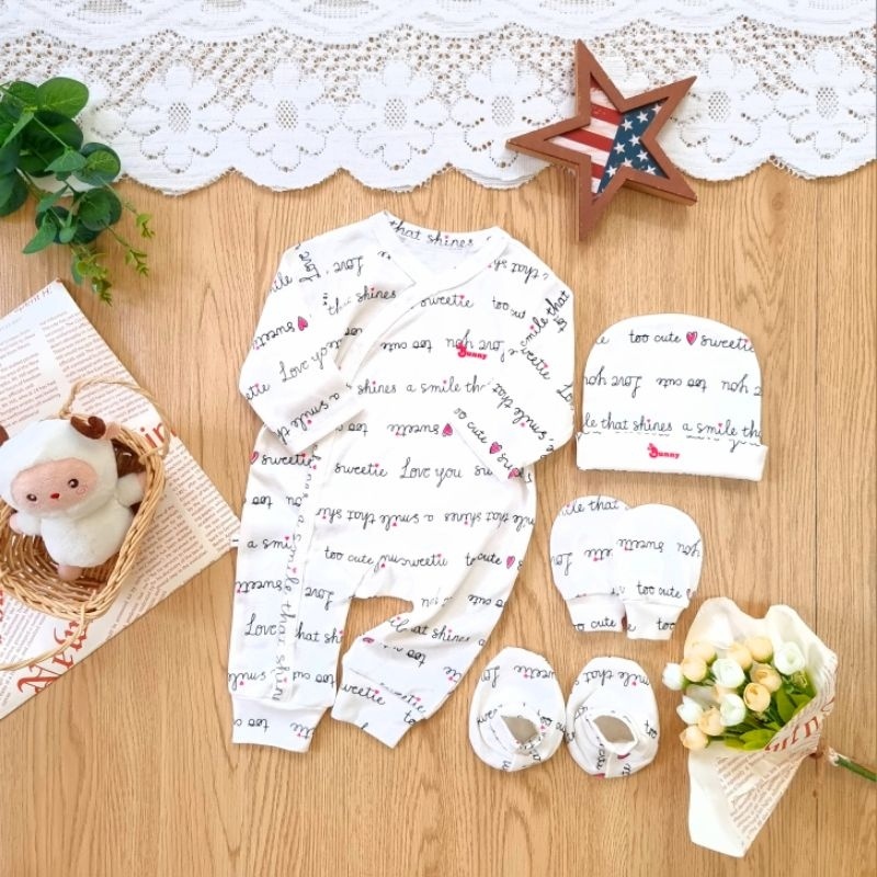 Set body dài sơ sinh thu đông Bunnybaby kèm mũ vớ chất thun 100% cotton cho bé 0-3 tháng