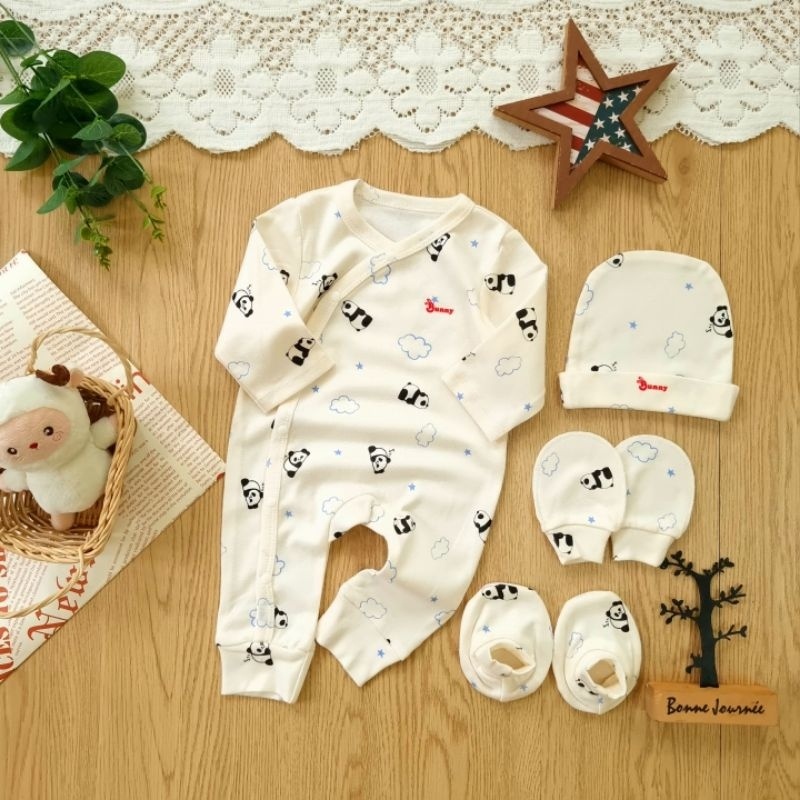 Set body dài sơ sinh thu đông Bunnybaby kèm mũ vớ chất thun 100% cotton cho bé 0-3 tháng