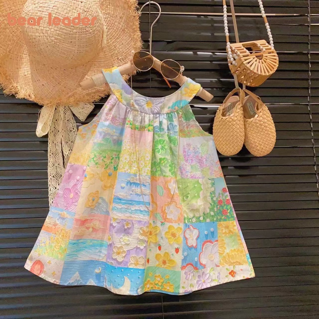 BEAR LEADER Đầm Hai Dây Mùa Hè 2023 Bằng Vải cotton Họa Tiết Tranh Sơn Dầu Phong Cách Hàn Quốc Cho Bé Gái 2-7 Tuổi