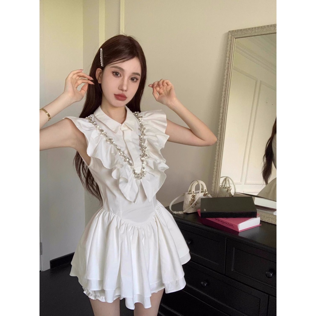 Đầm Dáng Chữ a Màu Trắng Phối Tay Bèo Thời Trang Mùa Hè Xinh Xắn Cho Nữ