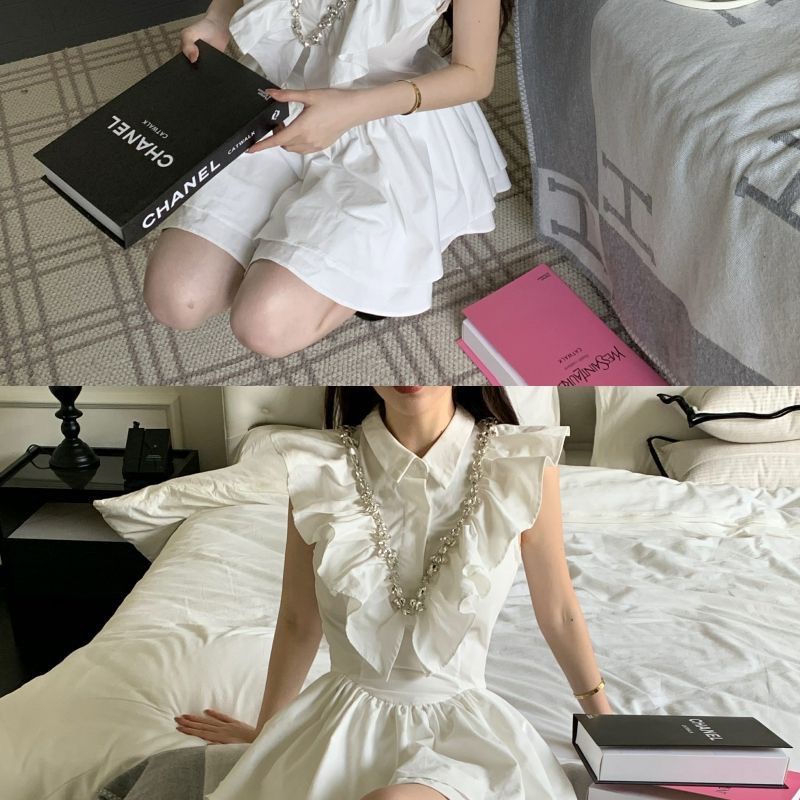Đầm Dáng Chữ a Màu Trắng Phối Tay Bèo Thời Trang Mùa Hè Xinh Xắn Cho Nữ
