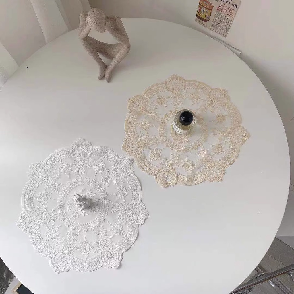 Tấm Lót Bàn Ăn Hình Tròn Bằng Ren Thêu Họa Tiết Tinh Tế 32cm Độc Đáo Trang Trí Nhà Cửa