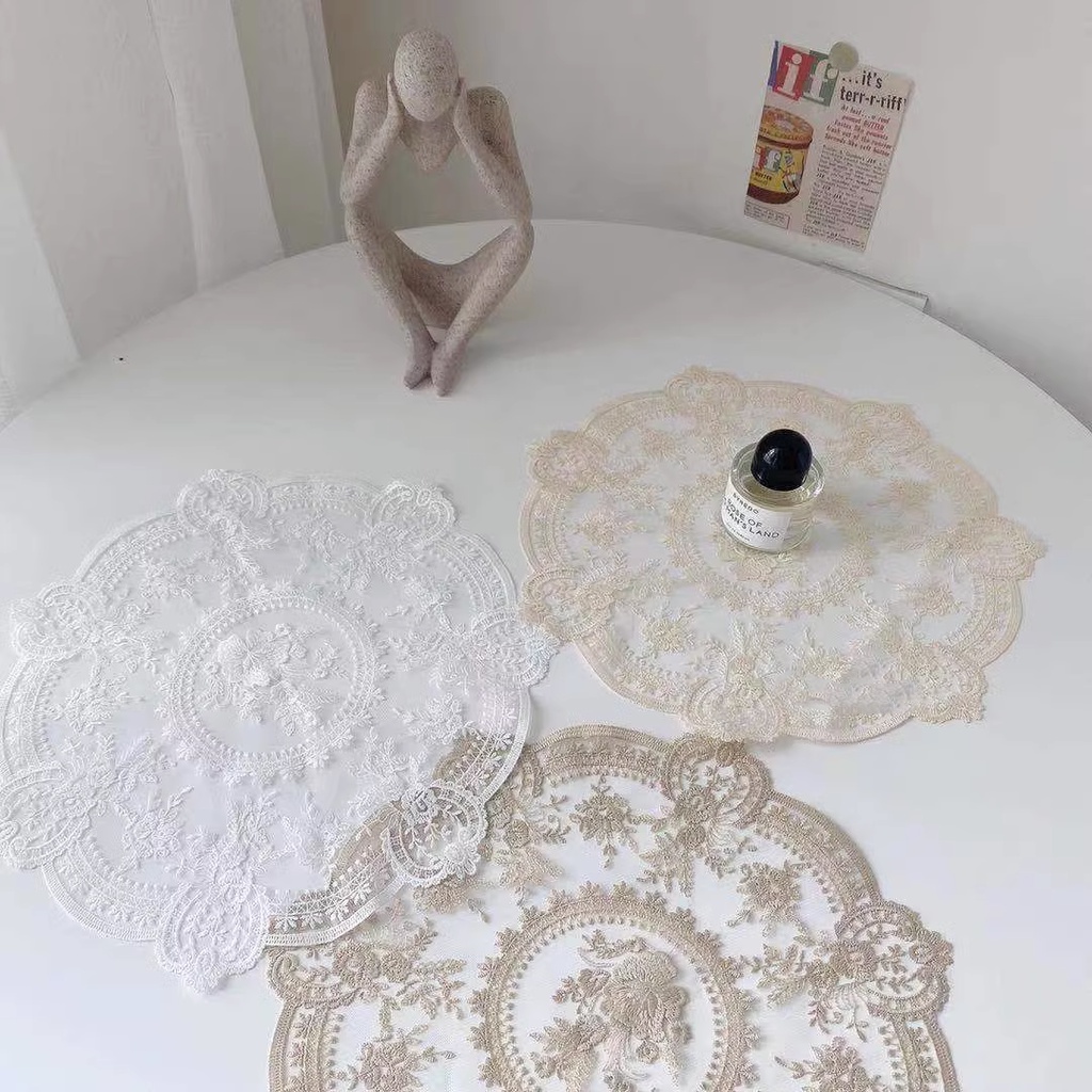 Tấm Lót Bàn Ăn Hình Tròn Bằng Ren Thêu Họa Tiết Tinh Tế 32cm Độc Đáo Trang Trí Nhà Cửa