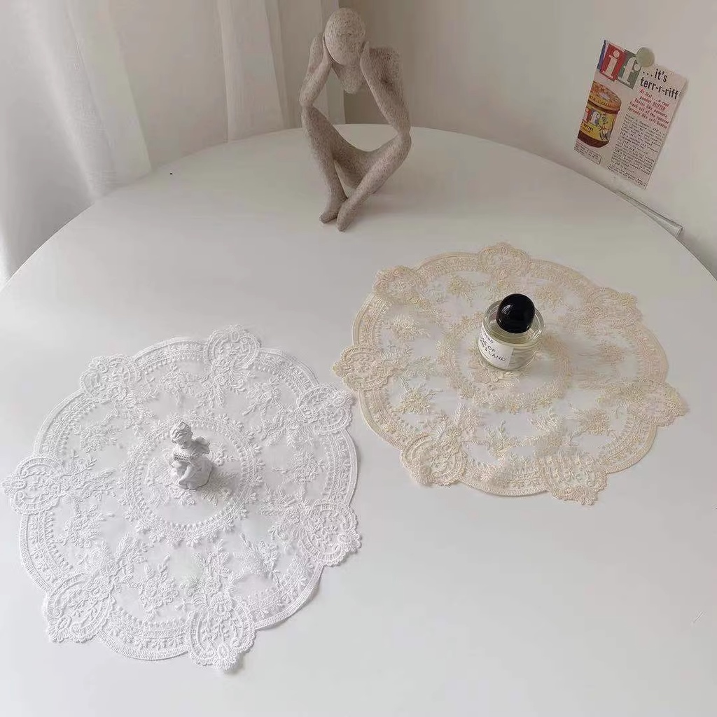 Tấm Lót Bàn Ăn Hình Tròn Bằng Ren Thêu Họa Tiết Tinh Tế 32cm Độc Đáo Trang Trí Nhà Cửa