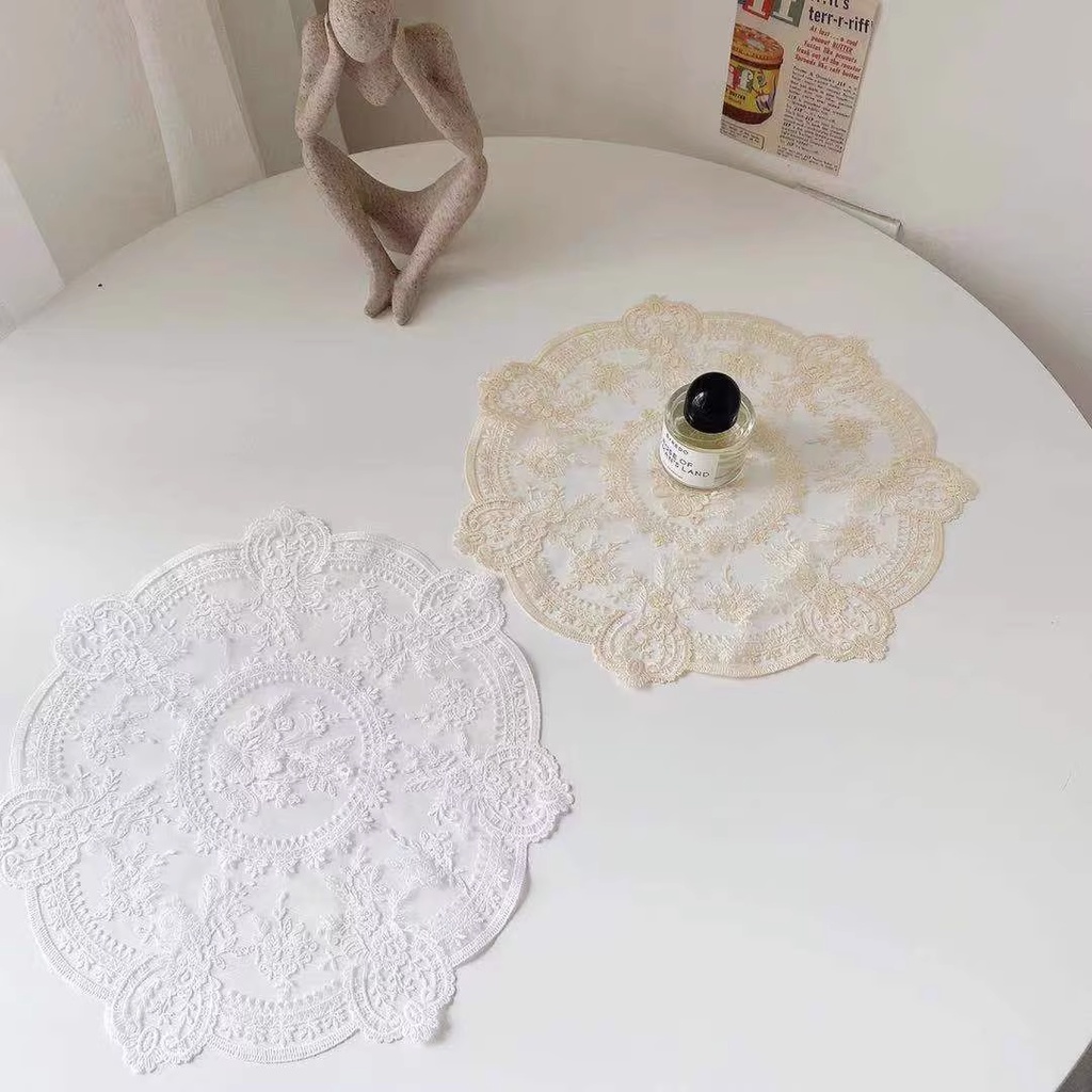 Tấm Lót Bàn Ăn Hình Tròn Bằng Ren Thêu Họa Tiết Tinh Tế 32cm Độc Đáo Trang Trí Nhà Cửa