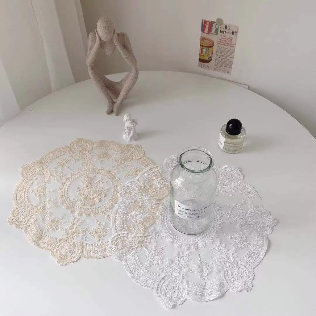 Tấm Lót Bàn Ăn Hình Tròn Bằng Ren Thêu Họa Tiết Tinh Tế 32cm Độc Đáo Trang Trí Nhà Cửa