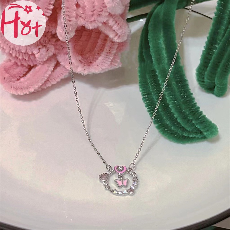 Jr Vòng cổ Mặt Tròn Hình Bướm Hồng Đính Đá zircon Lấp Lánh Cho Nữ vn