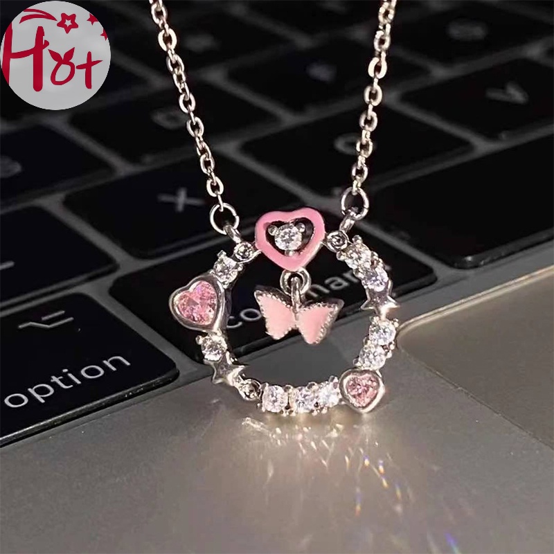 Jr Vòng cổ Mặt Tròn Hình Bướm Hồng Đính Đá zircon Lấp Lánh Cho Nữ vn