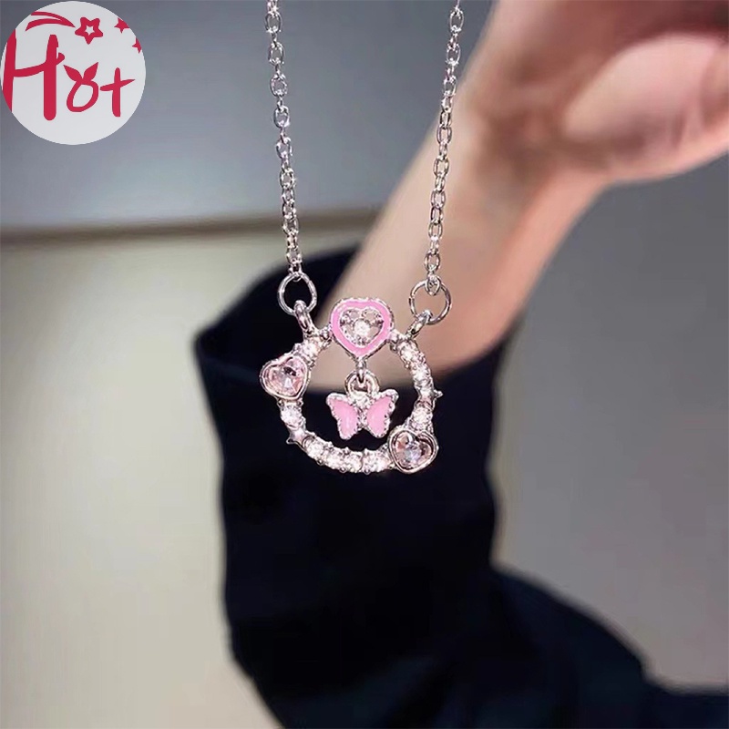 Jr Vòng cổ Mặt Tròn Hình Bướm Hồng Đính Đá zircon Lấp Lánh Cho Nữ vn