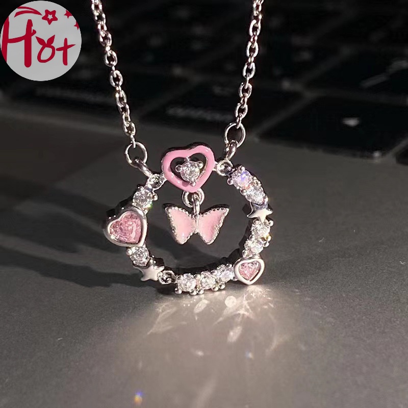 Jr Vòng cổ Mặt Tròn Hình Bướm Hồng Đính Đá zircon Lấp Lánh Cho Nữ vn