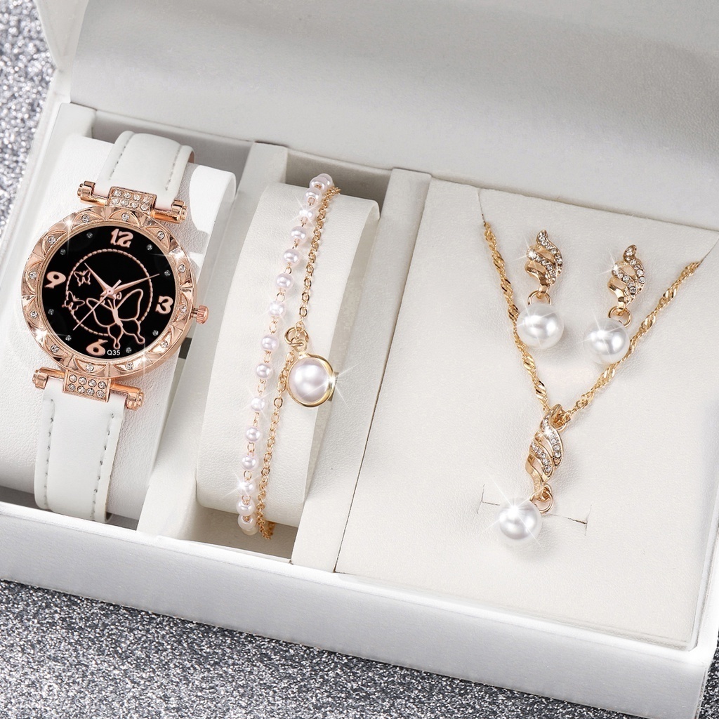 Thời Trang Đồng Hồ quartz Nữ Mặt Bướm Đính Hột Xoàn Dây Da