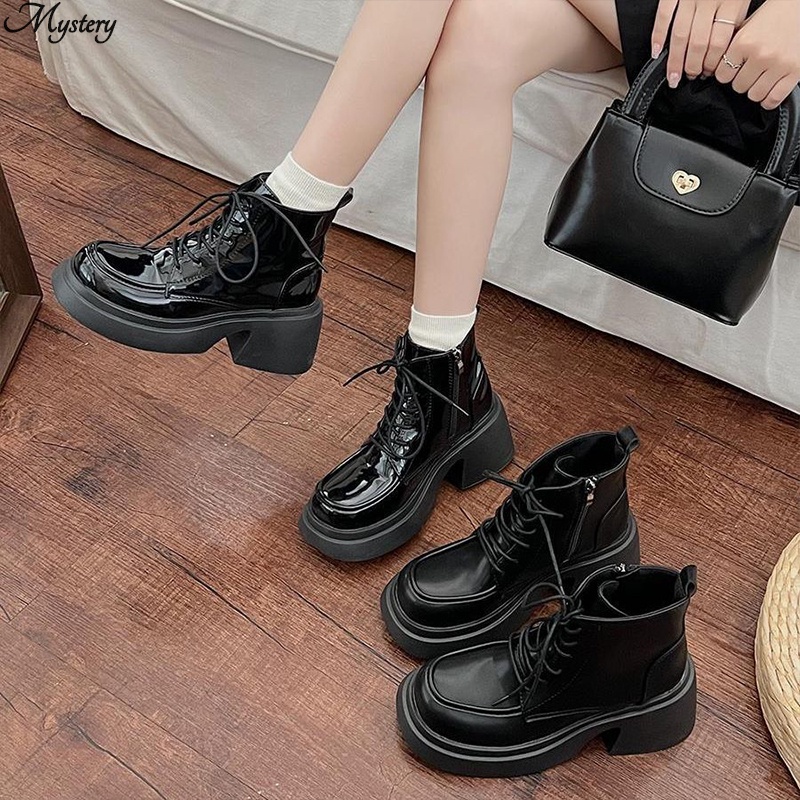 Đen Bốt martin Cao Gót Thắt Dây Phong Cách vintage Thời Trang