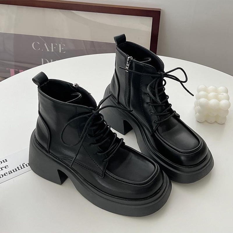 Đen Bốt martin Cao Gót Thắt Dây Phong Cách vintage Thời Trang