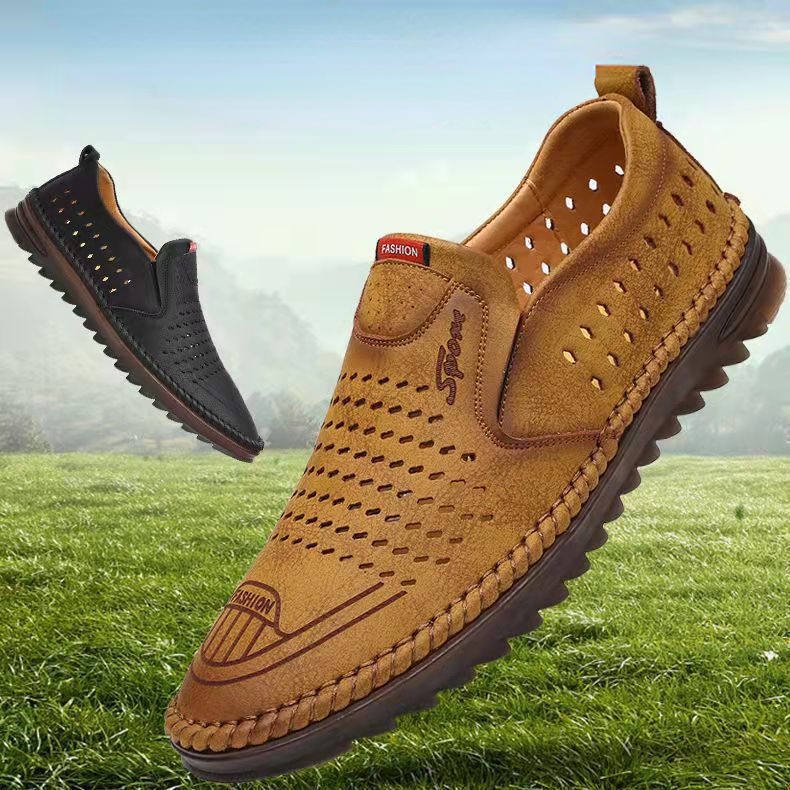 Giày Sandal da Mềm Đục Lỗ Thoáng Khí Cho Đàn Ông Trung Niên