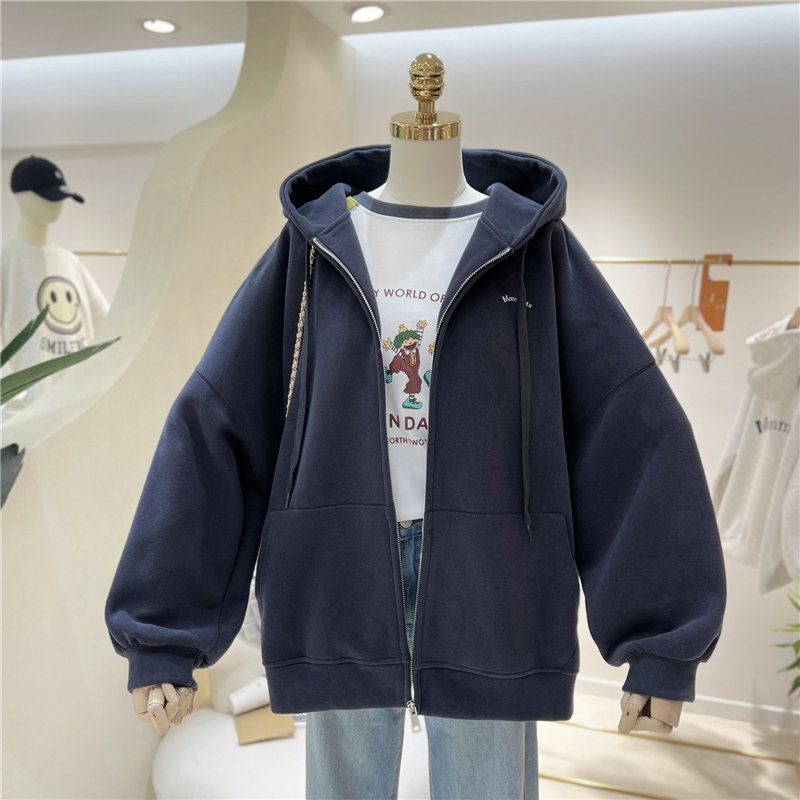 Áo Khoác Khóa Kéo Có Mũ Trùm Dáng Rộng Thời Trang Mùa Xuân Thu Hàn Quốc