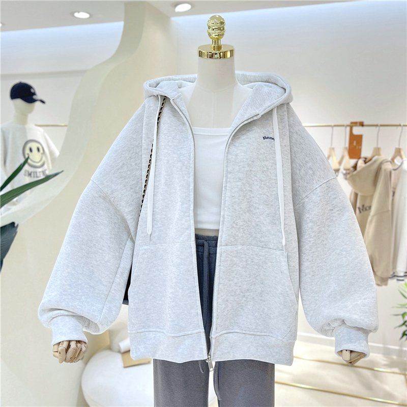 Áo Khoác Khóa Kéo Có Mũ Trùm Dáng Rộng Thời Trang Mùa Xuân Thu Hàn Quốc