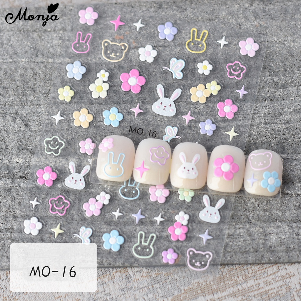 Monja Set 6 Nhãn Dán Móng Tay Tự Dính Họa Tiết Hoa Lá Thỏ Trắng 5d Dễ Thương Dùng Trang Trí Móng Nghệ Thuật diy