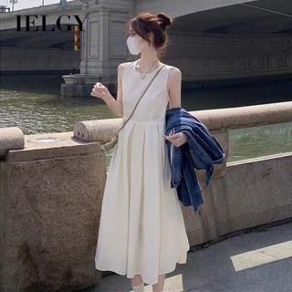 Ielgy Váy trắng không tay mùa hè dành cho nữ phong cách Pháp Váy dài màu trắng ngày lễ