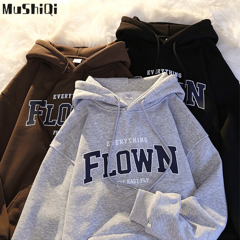 Mushiqi Áo hoodie Lông Cừu In Chữ Kiểu vintage Mỹ Xinh Xắn Cho Nữ