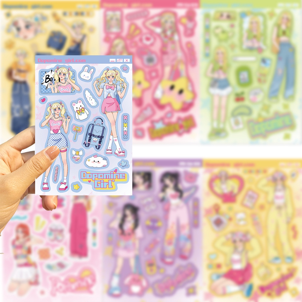 Bộ 8 Đề Can Dán Trang Trí Mũ Bảo Hiểm / Bút Chì diy Hình Cô Gái dopamine