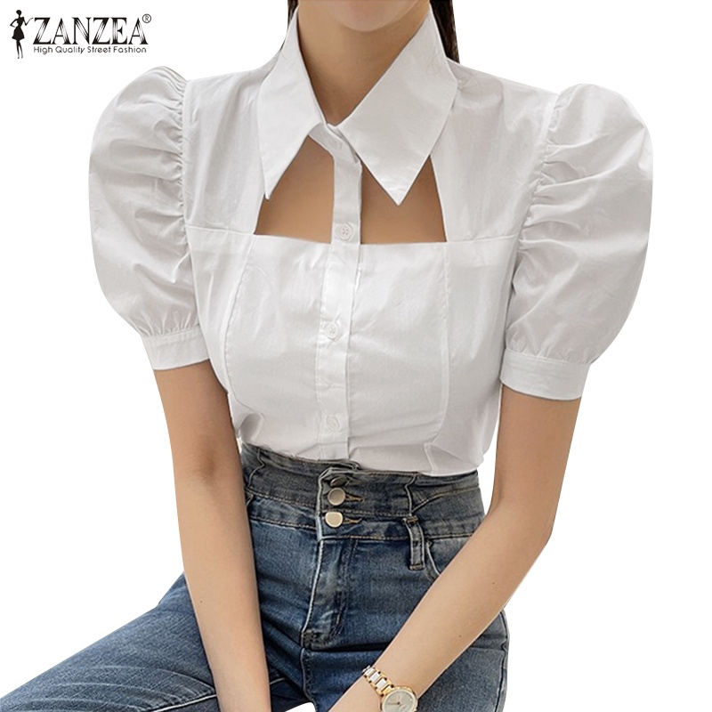 Zanzea Áo Kiểu Tay Phồng Ngắn Cổ Bẻ Thanh Lịch Thời Trang Cho Nữ