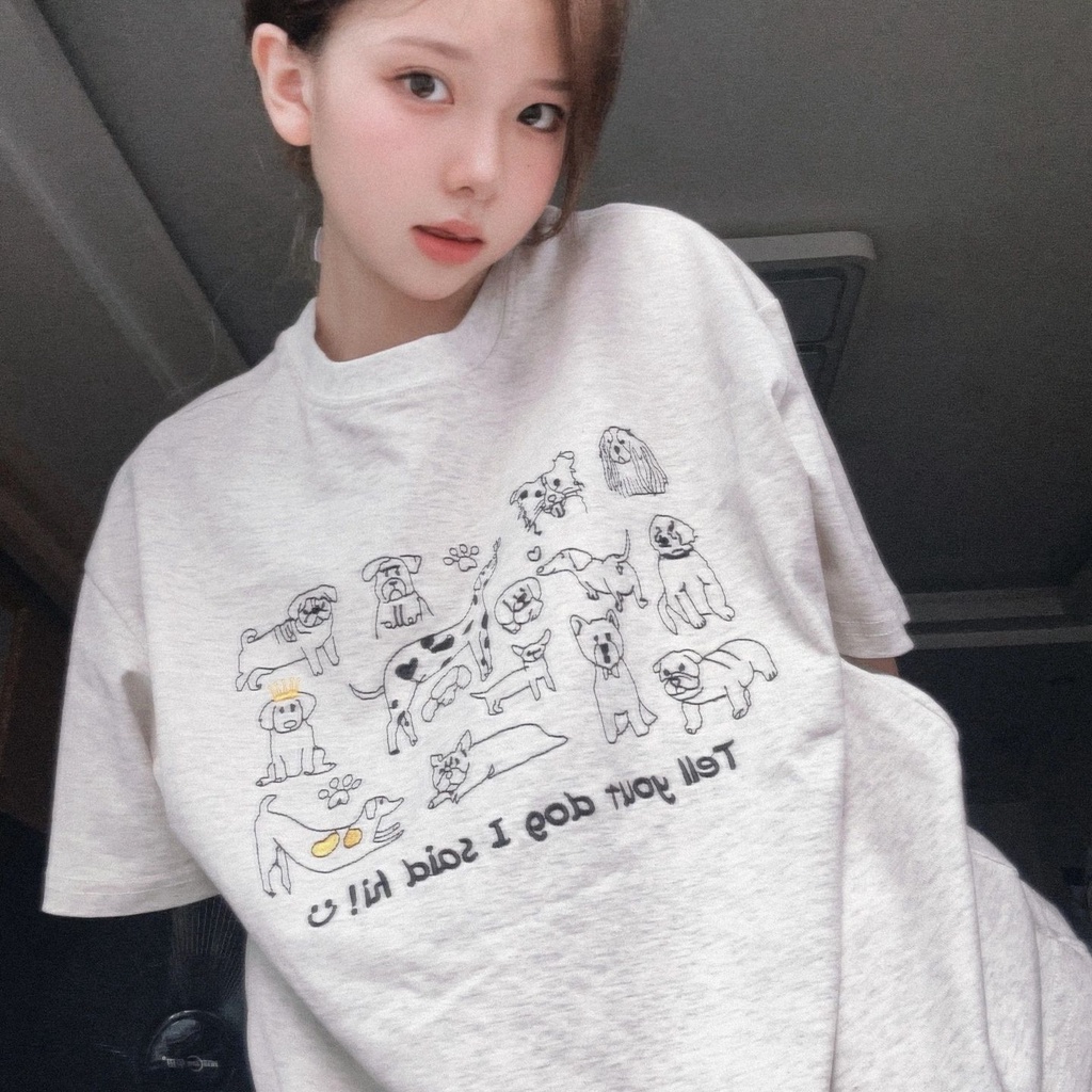 Mới Áo Thun cotton Tay Ngắn Cổ Tròn Dáng Rộng In Họa Tiết Thời Trang 2023
