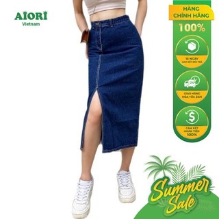 Chân váy jeans aiori chữ a lưng cao xẻ tà mã v001