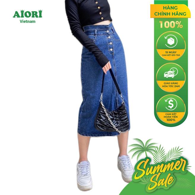 Chân Váy Jeans AIORI Chữ A Lưng Cao 4 Nút Mã V002
