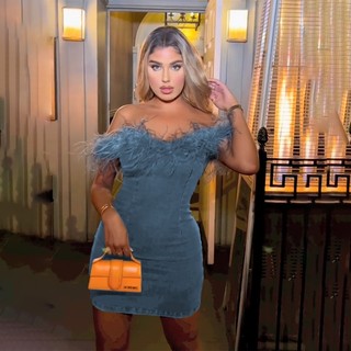 One Đầm denim Trễ Vai Viền Lông Phong Cách Âu Mỹ Cho Nữ