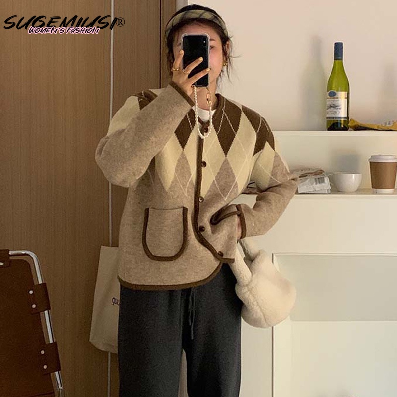 Sugemiusi luvv Áo Khoác cardigan Dệt Kim Màu Tương Phản Phong Cách Mùa Thu Mới Cho Nữ