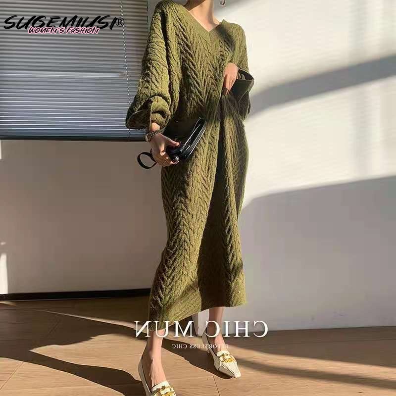 Sugemiusi Đầm Len Dệt Kim Dày Dặn Cổ Chữ v Dáng Rộng Dài Qua Gối Thời Trang Thu Đông Hàn Quốc