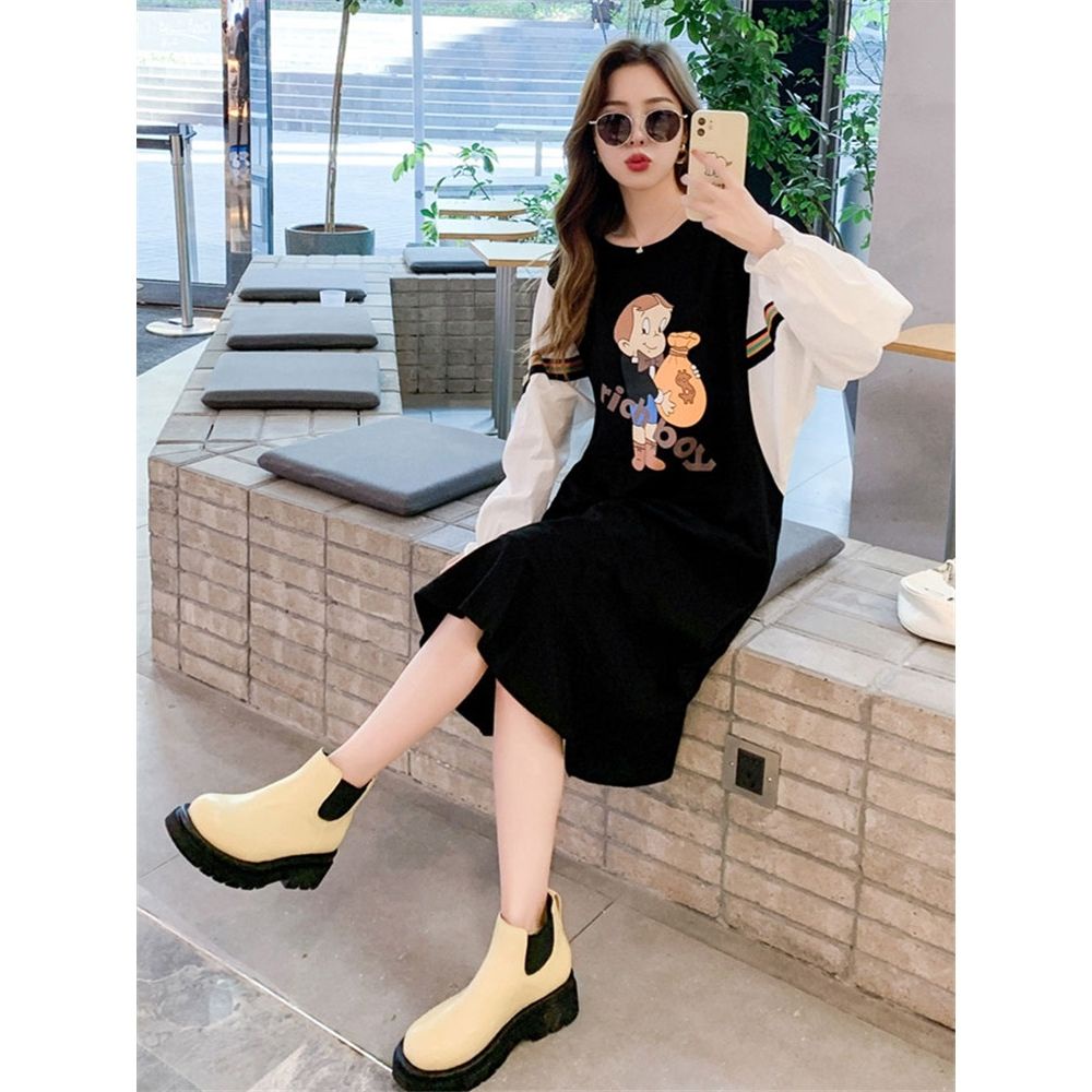 YHTN váy bầu tay dài bigsize set đầm bầu sơ mi Thời trang xinh dễ thương váy xuông bầu