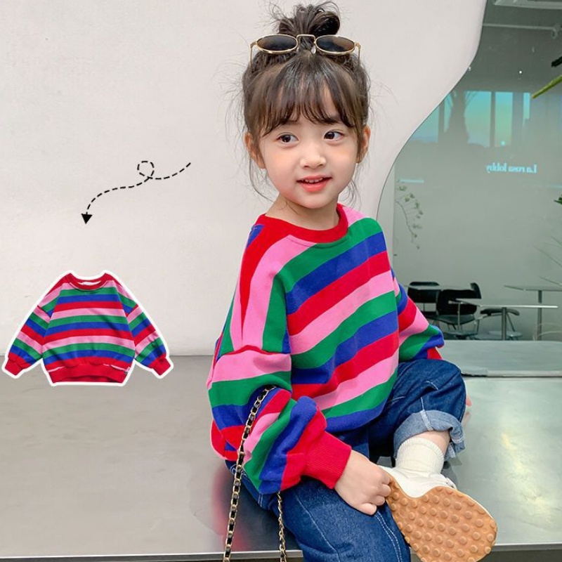 Quần áo trẻ em mới phiên bản Hàn Quốc của áo vệ sinh sọc cầu vồng áo trẻ em rộng rãi