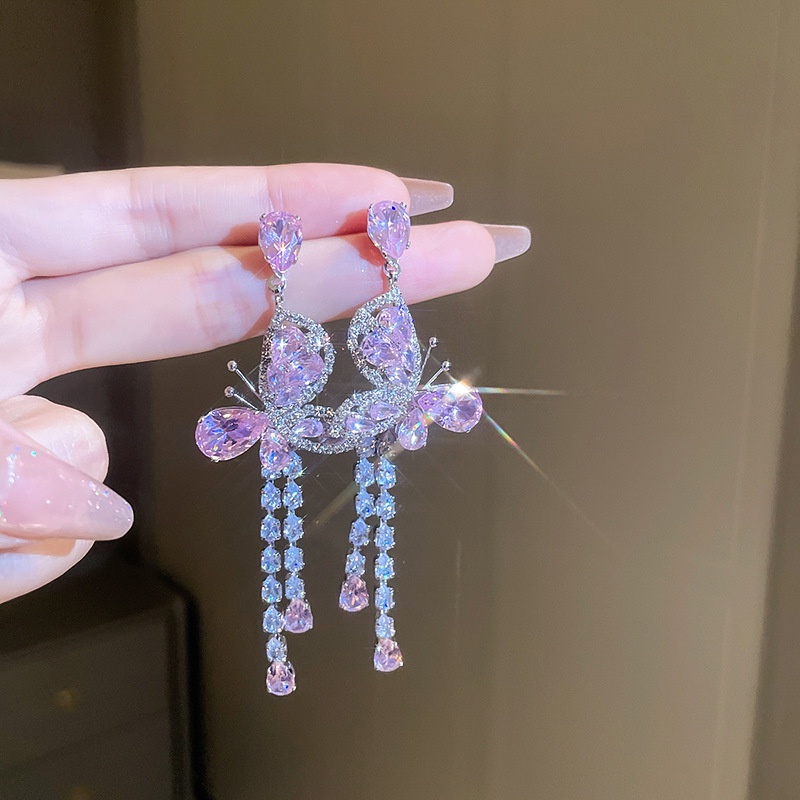 Bông Tai Mạ Bạc 925 Hình Bướm Đính Đá zircon Sang Trọng Thời Trang