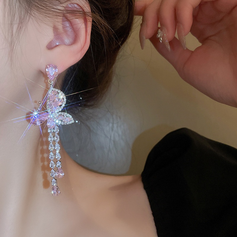 Bông Tai Mạ Bạc 925 Hình Bướm Đính Đá zircon Sang Trọng Thời Trang